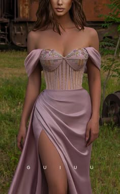 This elegant evening dress will make you stand out on any special occasion. With sheer off-shoulder design and side slit, the G2344 is stylish, graceful and luxurious. The sweep train adds a touch of sophistication to the overall look. Be the envy of everyone when you enter the room. Prom Dresses Cheap, Prom Dress Pictures, Prom Dress With Train, Split Prom Dresses, Cheap Party, Long Prom Dresses, Dusty Purple, Evening Formal, Prom Night