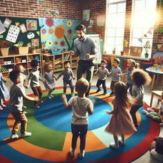 a man standing in front of a group of children on a colorful carpeted floor