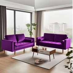 a living room filled with purple furniture in front of a large window next to a coffee table