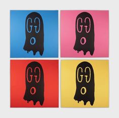 four different colored paintings with black and pink, blue, and yellow ghost silhouettes