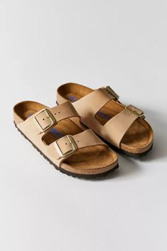 Birkenstock Arizona Soft Footbed Leather Sandal | Urban Outfitters Classic Double Strap Footbed Sandals With Leather Sole, Classic Double Strap Leather Footbed Sandals, Comfortable Double Strap Footbed Sandals With Buckle, Leather Double Strap Cushioned Footbed Sandals, Leather Double Strap Sandals With Cushioned Footbed, Double Strap Leather Sandals With Cushioned Footbed, Adjustable Double Strap Leather Slides, Classic Leather Footbed Sandals With Adjustable Fit, Classic Adjustable Leather Footbed Sandals