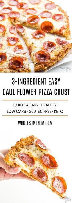 a slice of pepperoni pizza on a white plate with the text ingredient easy cauliflower pizza crust