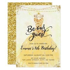 a princess birthday party card with gold glitter and black lettering on the front, featuring an image of a ball gown