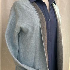 Super Soft Blue Gray Reversible Jjill Sweater, Pockets, Loose Fit, Blend Of Cotton/Poly/Nylon, Contrast Stitching, Lightweight Layer For Fall Light Blue Casual Outerwear For Layering, Light Blue Outerwear For Winter Layering, Reversible Sweater, Fall Sweaters For Women, Petite Sweaters, Oversized Sweater Women, Embellished Sweaters, Sweater Dress Women, Knitting Women Sweater