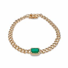 Bracelets Yellow Gold / 14K 14K Gold Emerald and Diamond Cuban Chain Bracelet Cuban Chain Bracelet, Bezel Set Earrings, Signature Bracelet, Diamond Stacks, Bridal Diamond Jewellery, Diamond Education, Bridal Bands, Diamond Charm, Cuban Chain