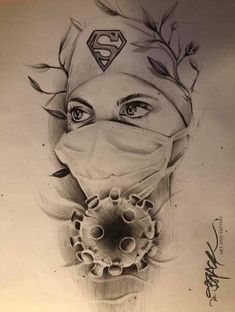 a pencil drawing of a woman wearing a face mask