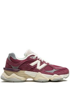 burgundy/cream white suede mesh panelling logo patch at the tongue front lace-up fastening round toe branded heel counter chunky rubber sole New Balance 9060, Suede Fabric, Suede Sneakers, Cream White, Patch Logo, Lace Front, New Balance, Rubber Sole, Fall Outfits