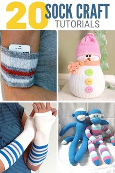 the cover of 20 sock craft projects with pictures of different items and text overlay