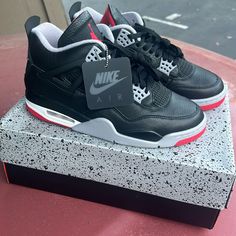 Jordan 4 Bred “Reimagined” Ds (Dead Stock), Brand New, Very Good Condition (Just Tried On) Size 10m Air Jordan 4 Leather Sneakers With Red Sole, Jordan 4 Bred, Pretty Shoes Sneakers, Jordan 23, Swag Shoes, Jordans For Men, Quick Jokes, Pretty Shoes, Sneaker Collection