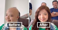 a woman is sitting in a chair with her hair shaved back and before and after