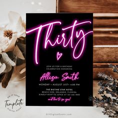 a black and pink party card with the word thrift in neon lights on it