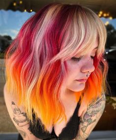 Fire Hair Short, Block Coloring Hair, Fire Hair Color Short, Lunar Tides Hair Dye, Fire Ombre Hair, Hair Dye Videos, Yellow Hair Color, Sunset Hair, Hair Styels