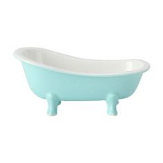 the bathtub is blue and white with an attached foot rests in front of a white background