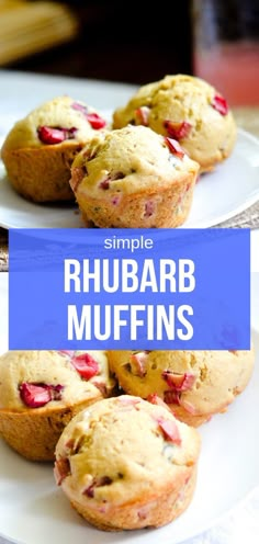 some muffins are on a plate with the words simple rhubarb muffins