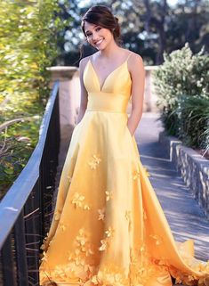 Yellow satin long prom dress formal dress · Dress idea · Online Store Powered by Storenvy Yellow Satin Prom Dress, Yellow Evening Dress, Prom Dress Yellow, Satin Long Prom Dress, Yellow Evening Dresses, Prom Dresses Yellow, V Neck Prom Dresses, Yellow Satin, Custom Size Dresses