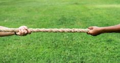 two hands holding a rope in the middle of a field