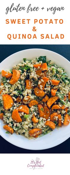 sweet potato and quinoa salad on a white plate with the title text overlay