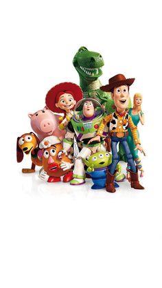 the toy story movie characters are posed together in front of a white background with text that reads