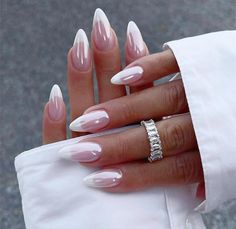 Medium length almond shape chrome French tip press on nails Almond French Tip Nails Chrome, French With Chrome Nails, Mirror Nails Design, Hot Bakugou, French Tip Chrome Nails, White Nail Tips, French Chrome Nails, Nails Almond Medium, Natural Glue