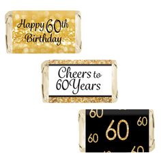 happy 60th birthday candy bar wrappers with gold glitter and black numbers on the side