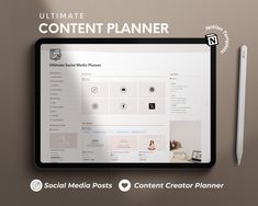 a tablet with the ultimate social media content planner on it and a pen next to it