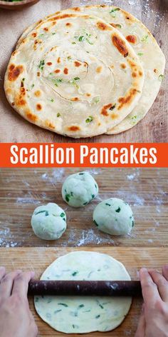 how to make scallion pancakes on a wooden table with text overlay that reads,