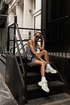 96 of the Chicest White Sneaker Outfits I've Ever Laid Eyes On Dresses With White Sneakers, White Sneakers With Dress, Chunky Sneakers Outfit, Neon Green Dresses, White Shoes Outfit, Sneakers Outfit Summer, Best White Sneakers, White Sneakers Outfit, Green Summer Dresses