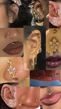 many different types of piercings are shown in this collage with the same person's face