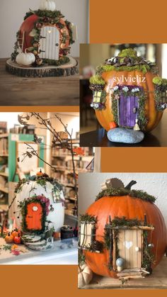 four different pictures of pumpkins decorated with fairy doors and windows, including one in the shape of a house