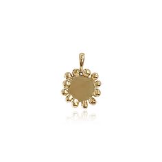 Our Small Bead Disk Charm is set in 14k Yellow Gold and features a small beaded disk pendant that can be engraved with up to 3 letters. Add our adorable charm to a necklace or a bracelet to create and carry around your personal story! 14k Yellow Gold Charm is 12mm round Pendant style hanger Brushed Finish Please contact us if you would like to engrave LS Collection 3 Letter, Disc Pendant, Round Pendant, Gold Charm, Round Beads, Dog Tags, Charm Necklace, Yellow Gold, Bracelet