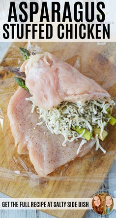 the ingredients for asparagus stuffed chicken on a cutting board with text overlay