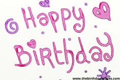 a birthday card with the words happy birthday written in pink and purple on white paper