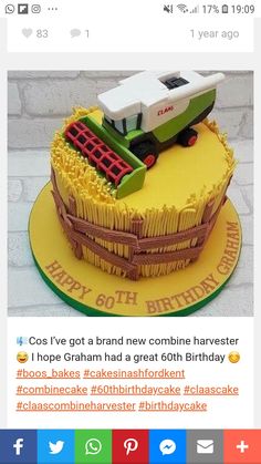 a birthday cake with a farm truck on it's top and the words happy 80th birthday written below