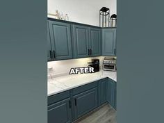 a kitchen with blue cabinets and white counter tops that has the words after written on it