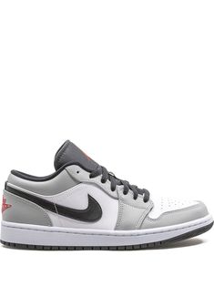 Grey/white rubber/leather Air Jordan 1 Low sneakers from JORDAN featuring signature Swoosh logo detail, signature Jumpman motif, contrasting panel detail, round toe, front lace-up fastening and rubber sole. | Jordan Low sneakers Jordan Retro 1 Low, Jordan Grey, Floral Sneakers, Jordan Air, Everyday Shoes, Grey Sneakers, Swoosh Logo, Air Jordan 1 Low, Jordan 1 Low