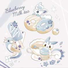 blueberry muffins and donuts with frosting on them are featured in this illustration