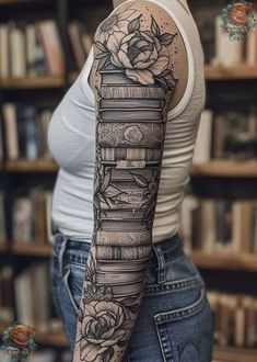 a woman's arm with books and roses tattooed on her arm, in front of a book shelf