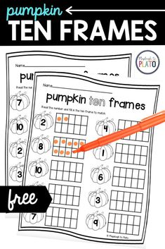 the pumpkin ten frames worksheet is shown with an orange pencil in front of it