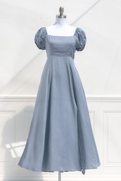 Elegant Blue Puff Sleeve Dress With Fitted Bodice, Puff Sleeve Empire Waist Dress For Garden Party, Elegant Bridesmaid Dress With Puff Sleeves And Square Neck, Blue Midi Dress With Square Neck And Fitted Bodice, Solid Dress With Ruched Bodice And Square Neck, Solid Color Dress With Ruched Bodice And Square Neck, Solid Square Neck Dress With Ruched Bodice, Blue Cottagecore Dress, Simple Party Dress