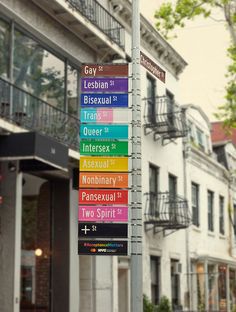 a pole with several signs on it in front of a row of buildings and balconies