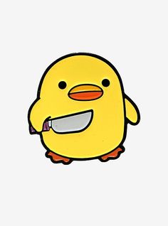 a yellow bird with a knife in its mouth