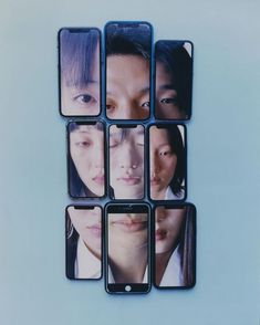 six cell phones are arranged in the shape of squares, with different faces on them