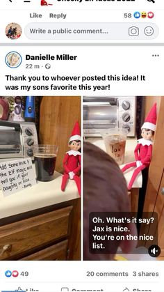 an elf is sitting on top of a counter next to a toaster oven and microwave