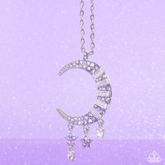 Featuring purple iridescent rhinestones and emerald-cut iridescent gems, a silver moon charm twinkles from an extended silver chain. Two dainty silver stars and marquise-cut gems dangle along the crescent moon charm for additional celestial detail. Features an adjustable clasp closure. Due to its prismatic palette, color may vary.

 Sold as one individual necklace. Includes one pair of matching earrings. Celestial Necklace, Palette Color, Kids Bracelets, Purple Necklace, Paparazzi Accessories, Silver Moon, Moon Charm, Spring Trends, Fashion Jewelry Necklaces