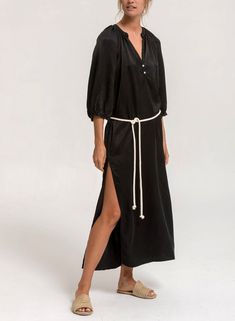 This gorgeous 3/4 length sleeve maxi dress is guaranteed to be a closet go-to for any season. A feminine billow sleeve and double side slits give her a sexy silhouette but with graceful movement designed for comfort. Constructed in our new lower environmental impact fabric blend of Cupro/Tencil. This luxe fabric is made of stronger cotton fibers and with a slightly heavier hand than Rayon. This high sheen fabric is as luxurious as silk with a beautiful drape. Cupro is bio-degradable and environm Slouch Pants, Graceful Movement, Beach Swimwear, Sleeve Maxi Dress, Beautiful Drapes, True Blue, Maxi Dress With Sleeves, Environmental Impact, Sale House