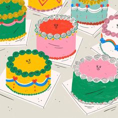 six brightly colored cakes on top of each other