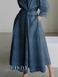 Fisdy - Chic Urban Denim Dress with Stand Collar - Belt Not Included Loose Denim Dress, Women Pants Outfit, Belted Denim Dress, Dress Name, Denim Patterns, Urban Dresses, Clothes Women, Women Pants, Turtle Neck Dress