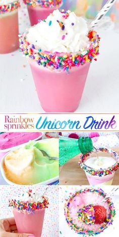 an image of unicorn drink with sprinkles and icecream in it