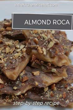 chocolate and nuts are stacked on top of each other with the words almond roca above it