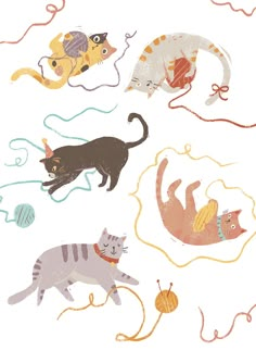 an image of cats playing with balls of yarn on a white background in the style of children's drawings